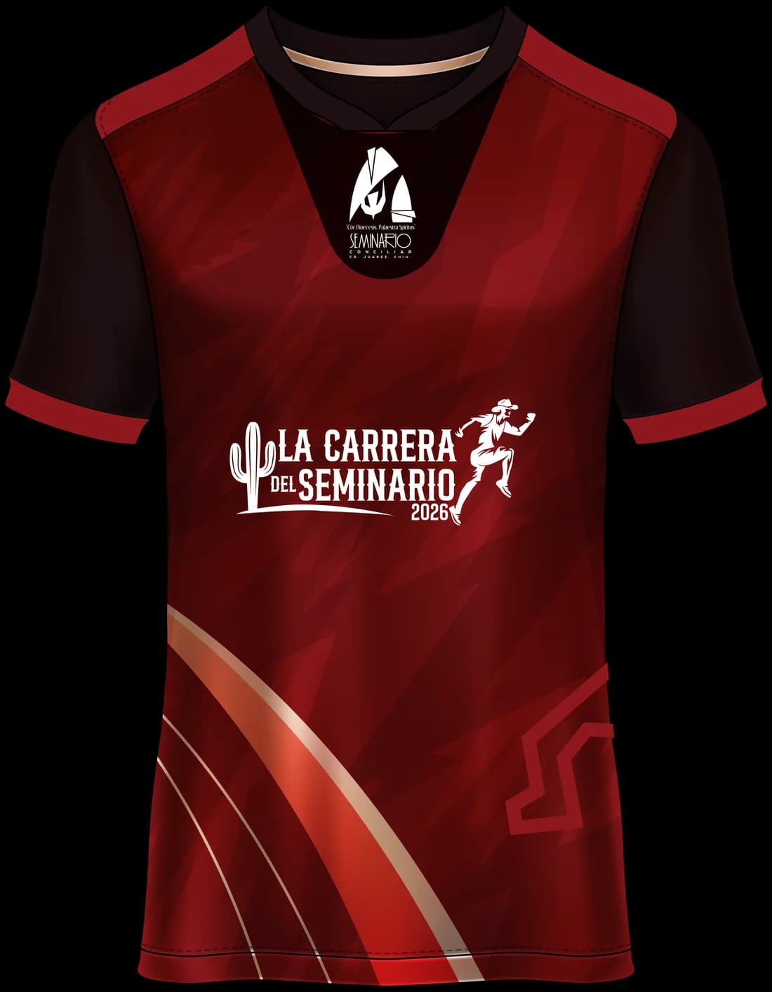 Frente de la playera oficial de la Carrera del Seminario 2026, granate con el logotipo al pecho